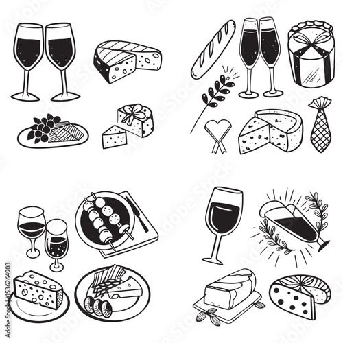 chalk food illustrations, wedding dinner icons, wine or champagne glass, cheese, and charcuterie drawings 
for wedding invitations, cafe menus, and parties.
