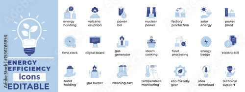 Clean, modern energy efficiency vector icons for sustainable tech, green energy, and eco-friendly industries.