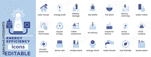 Clean, modern energy efficiency vector icons for sustainable tech, green energy, and eco-friendly industries.