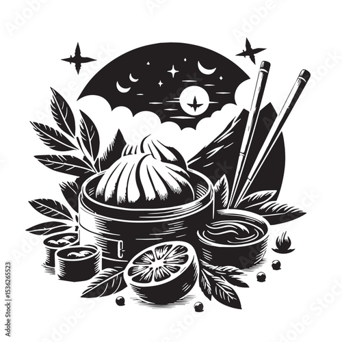 Black Dim Sum Silhouette Vector, High Quality Illustration on White Background