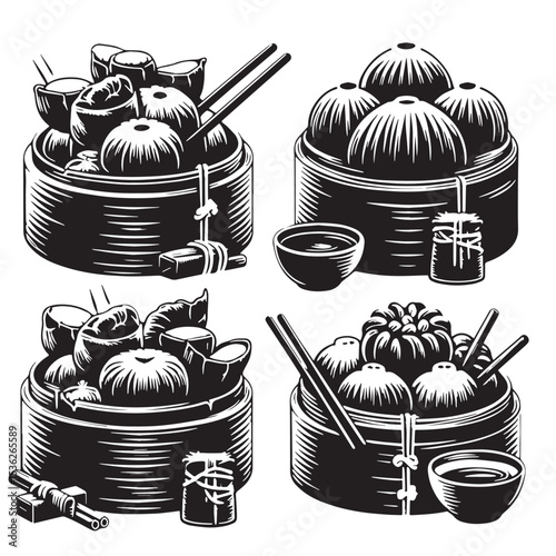 Black Dim Sum Silhouette Vector, High Quality Illustration on White Background