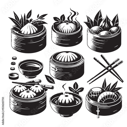 Black Dim Sum Silhouette Vector, High Quality Illustration on White Background