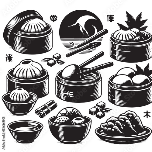 Black Dim Sum Silhouette Vector, High Quality Illustration on White Background