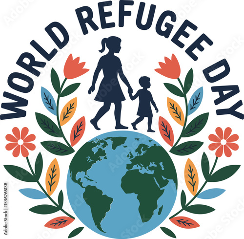 Silhouette family walking hand in hand over earth inside floral frame for refugee rights celebration  