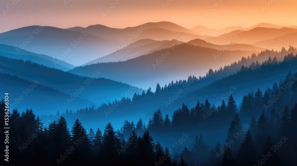 Obraz premium Majestic mountain range veiled in a soft morning light.