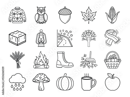 Autumn Icons Collection Sweater Owl Acorn Maple Leaf Corn Hay Bale Lantern Fall Road Tree Scarf Wheat Fire Boot Rake Basket Pumpkins