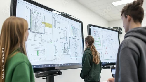 Engineering students analyzing technical drawings on interactive whiteboard