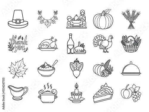 Thanksgiving Icons Set Black and White Line Art Pilgrim Hat Turkey Pumpkin Pie Family Dinner Autumn Harvest
