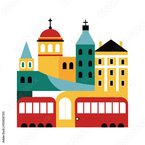 Whimsical Lisbon Cityscape with Trams Illustration