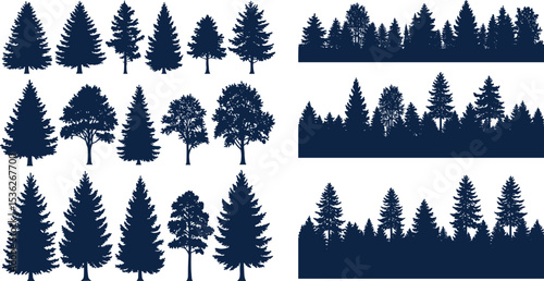 Forest tree silhouette vector collection, pine and oak tree set, woodland border landscape, evergreen trees design, nature vector illustration