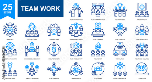Team Work and Team Management icon set collection. Simple line color vector