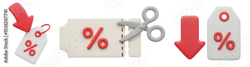 A 3D icon set for sales and promotions including a discount coupon with scissors a price tag and a percentage down arrow for price reduction ads