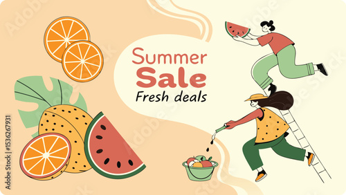 Illustration of summer sale banner featuring illustrations of people harvesting fresh fruit