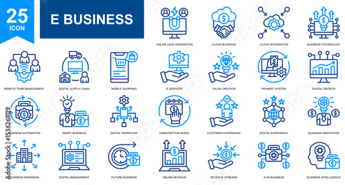 E Business and Ecommerce icon set collection. Simple line color vector