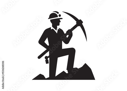 A man is holding a pickaxe and wearing a hard hat Silhouette Vector