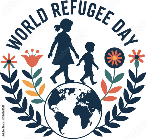 Family walking illustration above globe surrounded by floral wreath for unity and protection theme  