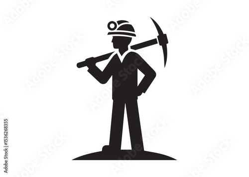 A man is holding a pickaxe and wearing a hard hat Silhouette Vector