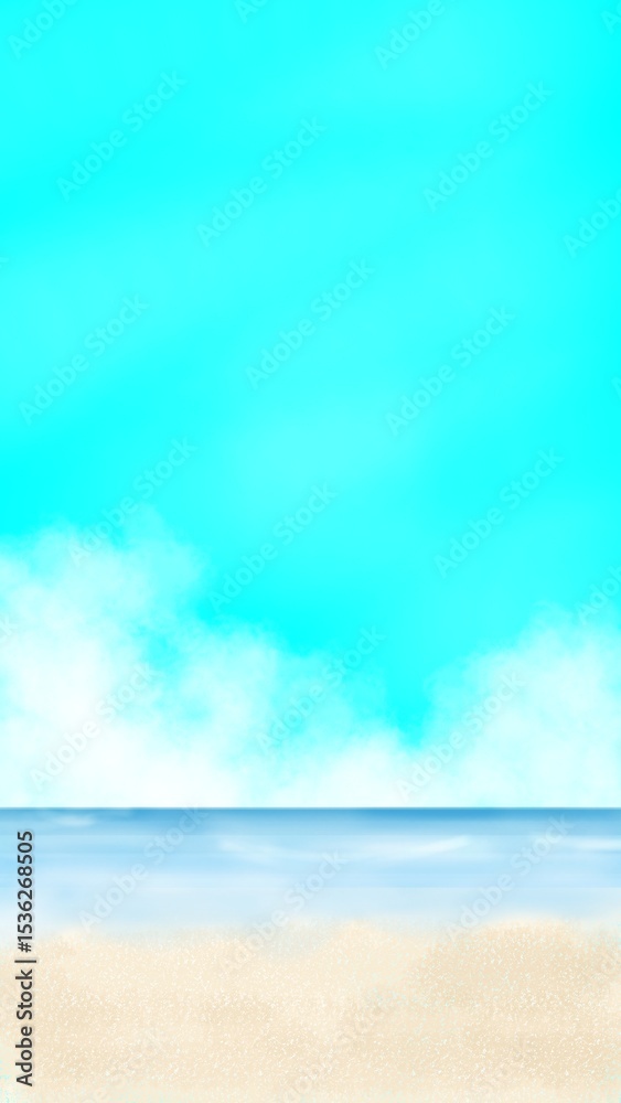 Obraz premium 夏の青い空と海と入道雲のイラスト