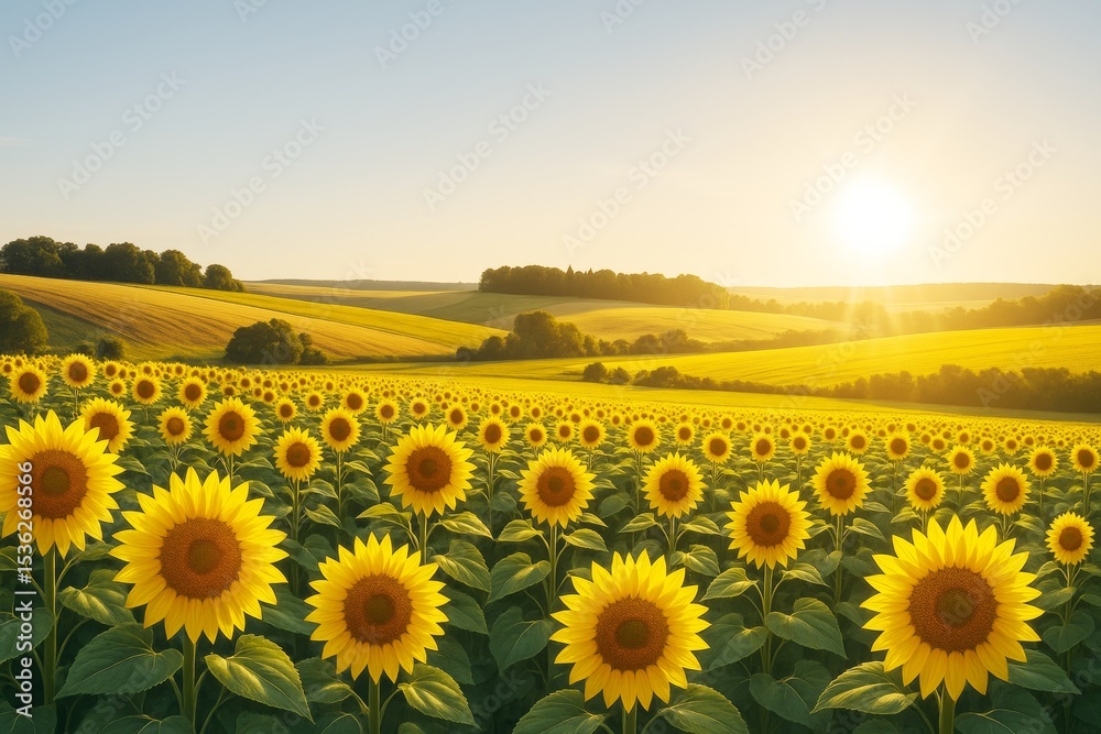 Obraz premium Sunflowers blooming in a scenic countryside landscape with golden sunlight and rolling hills in soft natural light at sunset in summer season.