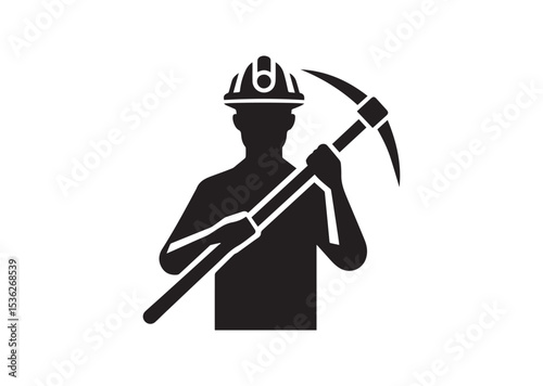 A man is holding a pickaxe and wearing a hard hat Silhouette Vector