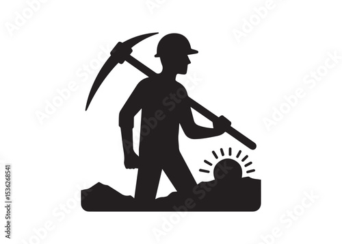 A man is holding a pickaxe and wearing a hard hat Silhouette Vector
