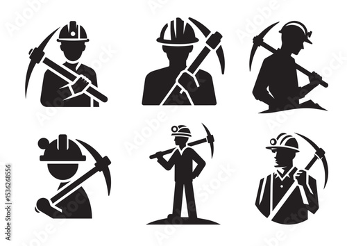 A man is holding a pickaxe and wearing a hard hat Silhouette Vector Set