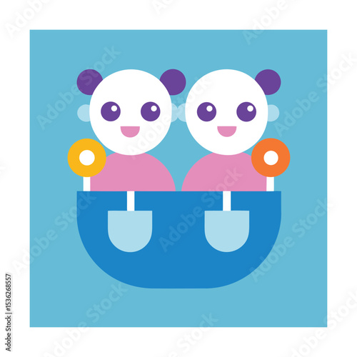 Twins in Cradle with Rattle and Blanket