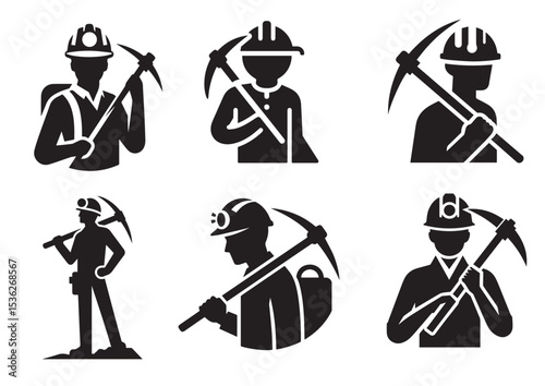 A man is holding a pickaxe and wearing a hard hat Silhouette Vector Set