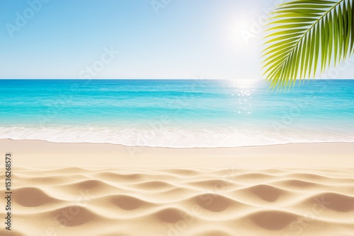 Tropical beach with golden sand, turquoise ocean, bright sunlight and green palm leaf under clear blue sky, peaceful summer nature landscape background.