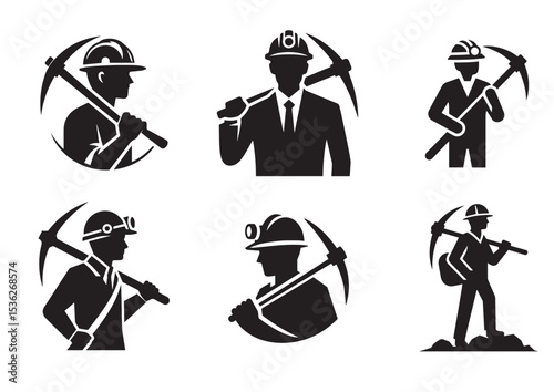 A man is holding a pickaxe and wearing a hard hat Silhouette Vector Set