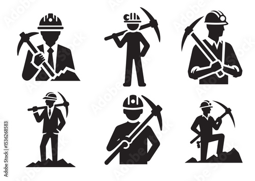A man is holding a pickaxe and wearing a hard hat Silhouette Vector Set