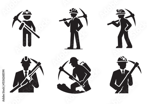 A man is holding a pickaxe and wearing a hard hat Silhouette Vector Set