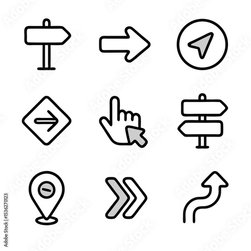Simple black and white vector icons of arrows road signs pointers location pins and map indicators perfect for wayfinding user interface and modern navigation themed design projects