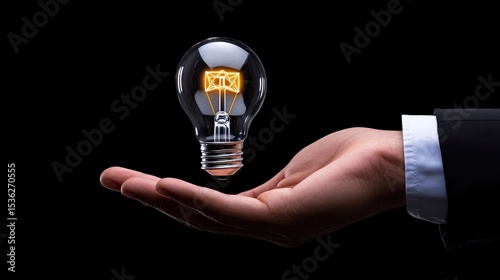 Brilliant Idea: A glowing lightbulb floats gently above an outstretched hand, symbolizing innovation, inspiration, and the power of new ideas against a stark black background.