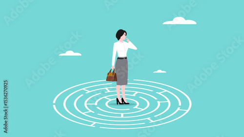 woman standing in the middle of the maze thinking looking for a way out, problem solving concept, business people with maze puzzle, looking for solution or innovation in solving business problem