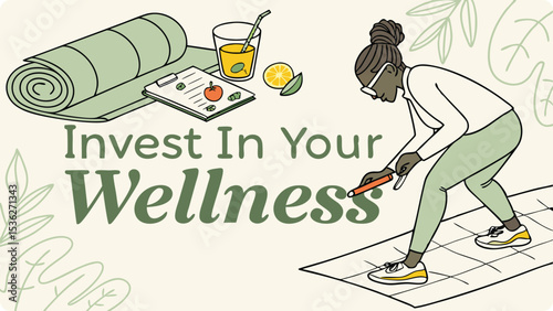 Illustration of a woman plans her wellness journey using a checklist and yoga mat