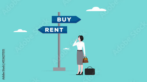 house buy or rent, confused businesswoman making decision to buy or rent a house concept vector illustration