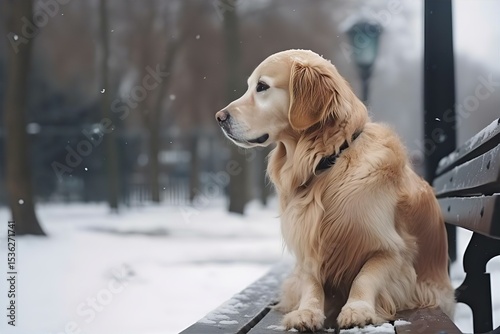 Golden Retriever Dog Sitting on Park Bench in Winter Snow | Loyal Pet Portrait | Outdoor Canine Photography | Winter Scene