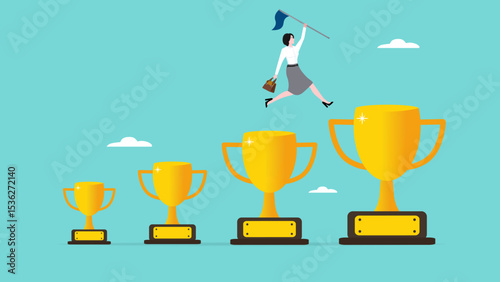 small achievements as motivation to achieve bigger goals, strategies to inspire greater success, smart businessman jumping from small win trophy to get bigger one concept vector illustration