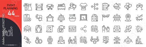 Event planning related icon collections. Containing calendar, checklist, invitation, venue, schedule, decoration, microphone, party, organizer, celebration icons. Outline icons.