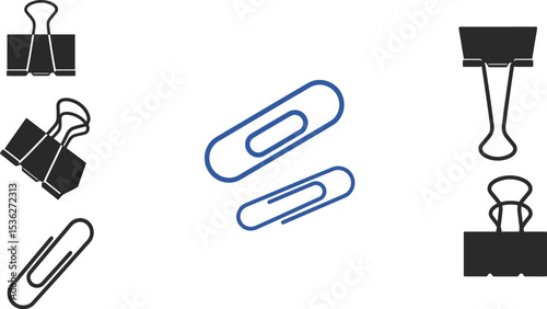 Black and colorful metal office paper clips are isolated as vector objects