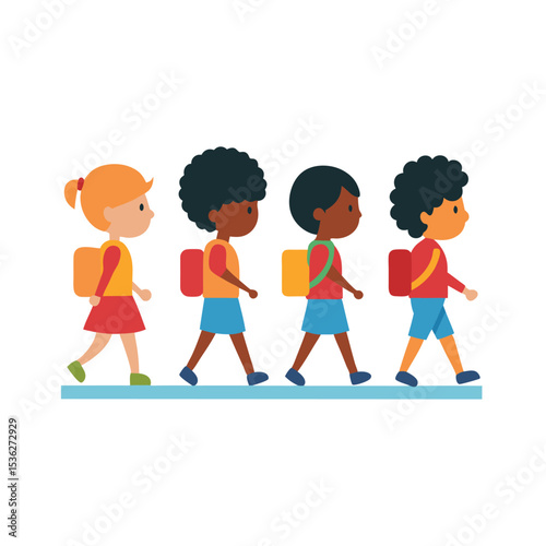 School Children Walking in Line with Backpacks