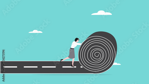 create a new career path for business success, start new opportunity to achieve target or goals, businesswoman making a road from asphalt carpet concept illustration