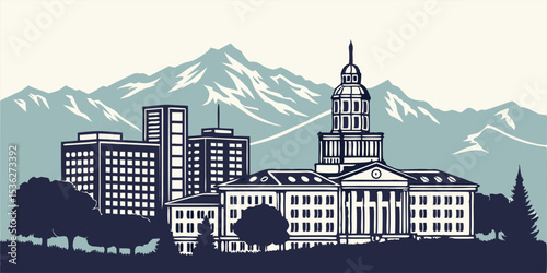 Colorado Aurora Cityscape Vector with Urban Suburbs and Rocky Mountain Scene