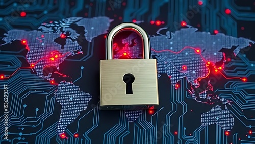Global Cybersecurity Lock on Digital World Map: Illustrating Worldwide Data Security, International Network Protection, Cyber Threat Prevention