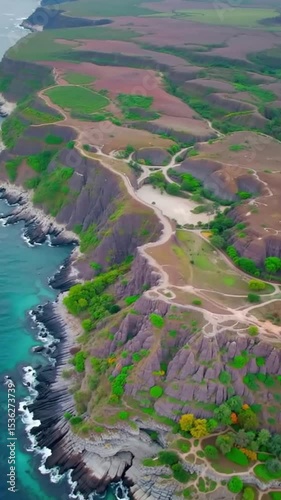 Aerial view of a tropical ocean with  lush island landscape under a summer sky