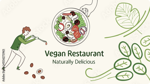 Illustration of a person serves a delicious vegan salad in a restaurant setting, illustrated with fresh ingredients and a clean design