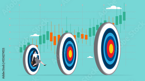 small target achievement as motivate to achieve bigger target or goal, strategies to inspire greater success, Businessman breakthrough small target archery as motivate to breakthrough bigger target