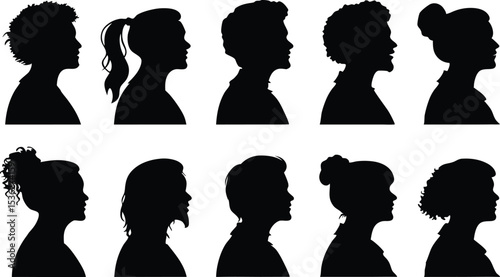 a detailed portrait of a girl with flowing hair, a silhouette portrait of a woman with braided hair, the silhouette of a person with spiky hair, a shadowy outline of a person with a messy hairstyle, t