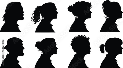 a detailed portrait of a girl with flowing hair, a silhouette portrait of a woman with braided hair, the silhouette of a person with spiky hair, a shadowy outline of a person with a messy hairstyle, t
